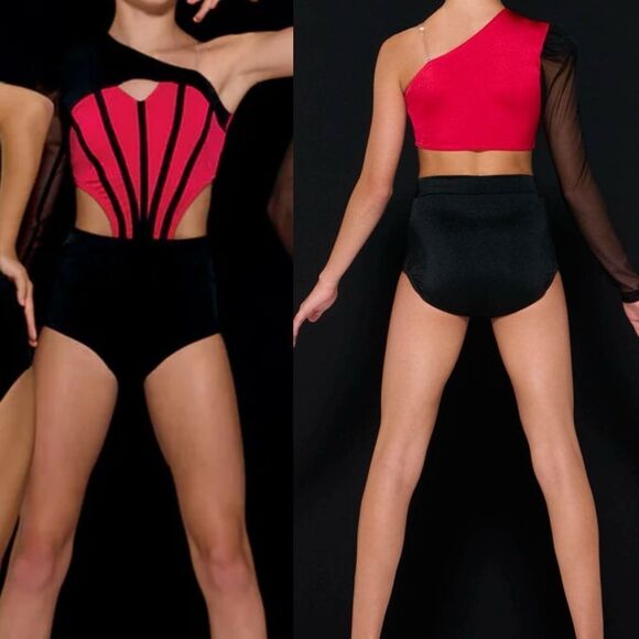 Kelle dance costume black red mesh leotard CHASING STARS 5341 LC-large child - Picture 1 of 12